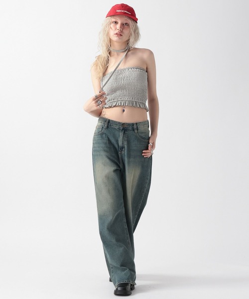 FOREVER 21（フォーエバー トゥエンティーワン）の「【2025SS】チョーカー付きシャーリングベアトップ（チューブトップ・レディース・ブラック/オフホワイト/グレー・FREE）」の6枚目の写真