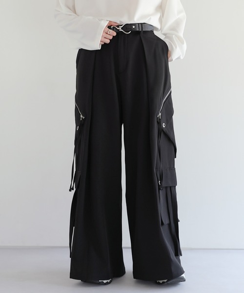 ハイウエストドレープワイド袴アイレットスラントポケットカーゴパンツ
