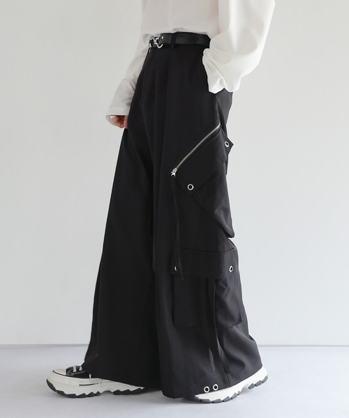 ハイウエストドレープワイド袴アイレットスラントポケットカーゴパンツ