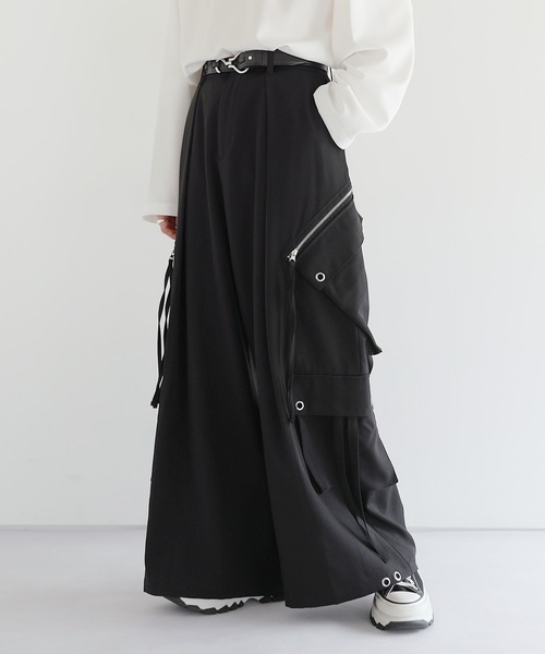 ハイウエストドレープワイド袴アイレットスラントポケットカーゴパンツ