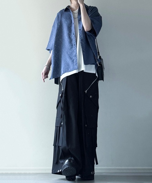 LILL（リル）の「ハイウエストドレープワイド袴アイレットスラントポケットカーゴパンツ（カーゴパンツ・メンズ・ブラック/チャコール/ストライプ・S/M/L/XL）」の17枚目の写真