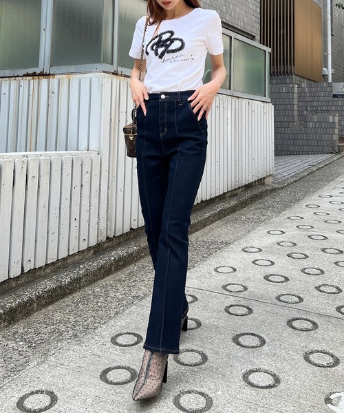 セール】【骨格ストレート】美脚ピンタックフレアデニムパンツ（デニム