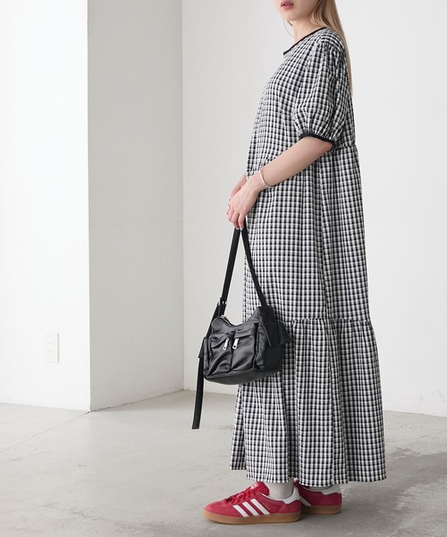 forksy.】ギンガムチェック パフスリーブ ティアードワンピース