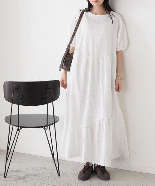 forksy.】ギンガムチェック パフスリーブ ティアードワンピース forksy