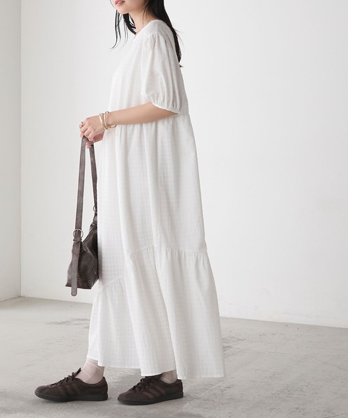 【美品】MaxMara ティアードワンピース チェック パフスリーブ 36 Lace Ladies ワンピース シアー タータンチェック パフスリーブ