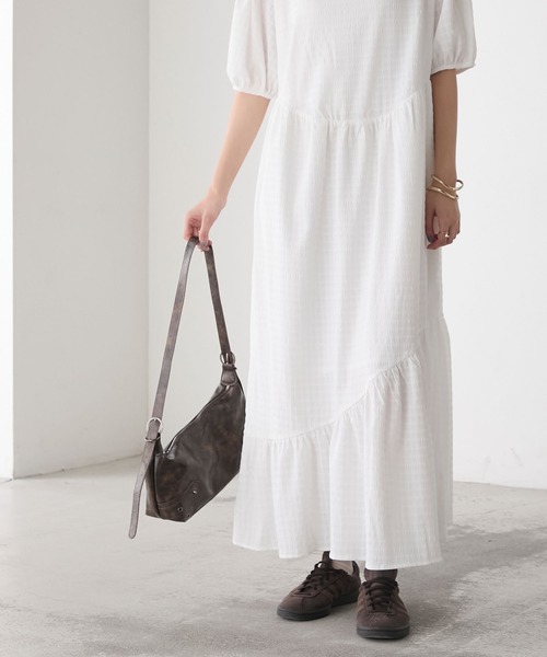 forksy.】ギンガムチェック パフスリーブ ティアードワンピース forksy