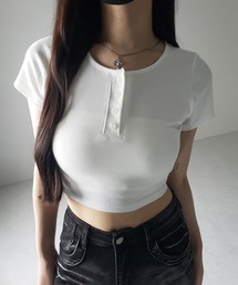 ※※【 3color 】ヘンリーネック半袖ショートリブTシャツ /henley neck short sleeve short lib T-shirt