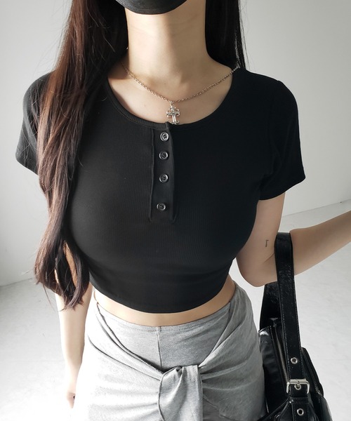 3color 】ヘンリーネック半袖ショートリブTシャツ ／henley