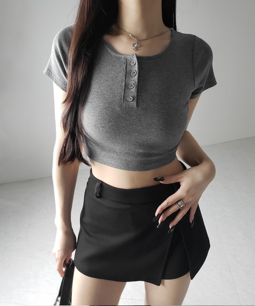 me+em select（ミームセレクト）の「【 ３color 】ヘンリーネック半袖ショートリブTシャツ ／henley neck short sleeve short lib T-shirt ※※（Tシャツ/カットソー・レディース・アイボリー/ブラック/グレー・FREE）」の10枚目の写真