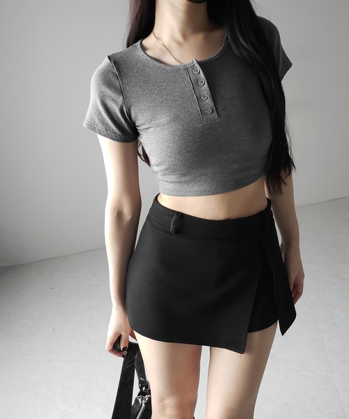 me+em select（ミームセレクト）の「【 ３color 】ヘンリーネック半袖ショートリブTシャツ ／henley neck short sleeve short lib T-shirt ※※（Tシャツ/カットソー・レディース・アイボリー/ブラック/グレー・FREE）」の12枚目の写真