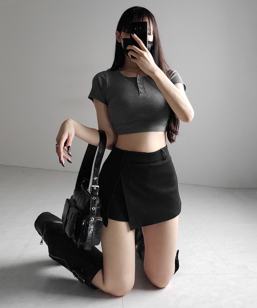 me+em select（ミームセレクト）の「【 ３color 】ヘンリーネック半袖ショートリブTシャツ ／henley neck short sleeve short lib T-shirt ※※（Tシャツ/カットソー・レディース・アイボリー/ブラック/グレー・FREE）」の16枚目の写真