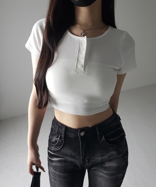 3color 】ヘンリーネック半袖ショートリブTシャツ ／henley
