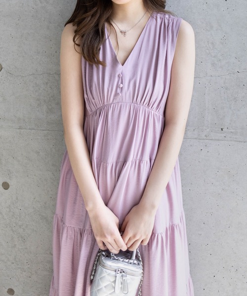 CLEAR BASIC（クリアベーシック）の「【低身長サイズ有】Vネックノースリーブティアードワンピース[シンプル 着回し抜群 大人]≪SS新作≫（ワンピース・レディース・オレンジ/ミント/ラベンダー/ブラック・F/XS）」の10枚目の写真