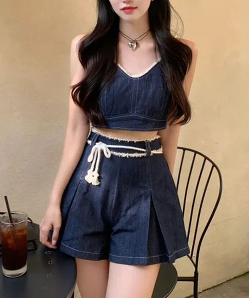 即完売カラー♡クラステラー ジャガード リボンキャミ ハーフパンツ セットアップ セール】デニムキャミソール×ショートパンツ 2点セット