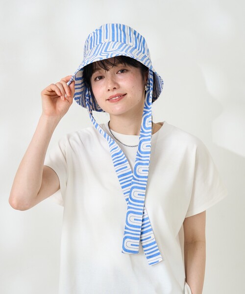 FREAK'S STORE（フリークスストア）の「幾何学柄紐付きハット/リボン付き柄ハット（ハット・レディース・ブルー/ブラック・ONE SIZE）」の3枚目の写真