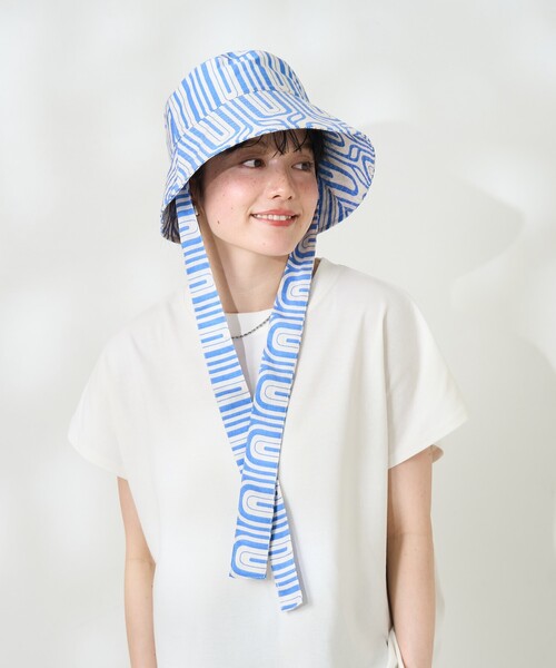FREAK'S STORE（フリークスストア）の「幾何学柄紐付きハット/リボン付き柄ハット（ハット・レディース・ブルー/ブラック・ONE SIZE）」の4枚目の写真
