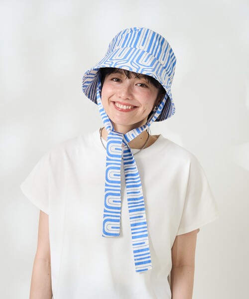 FREAK'S STORE（フリークスストア）の「幾何学柄紐付きハット/リボン付き柄ハット（ハット・レディース・ブルー/ブラック・ONE SIZE）」の6枚目の写真