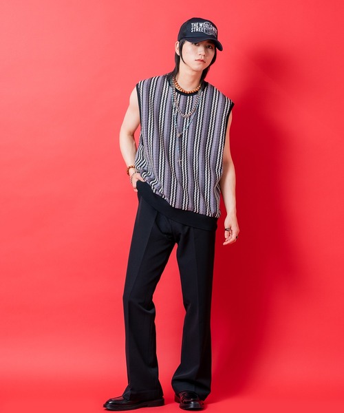 a.p.o.v.（エーピーオービー）の「a.p.o.v. レトロストライプメッシュ編みサマーニットベスト（ベスト・メンズ・ブラック/カーキ/ブルー・ONESIZE）」の5枚目の写真