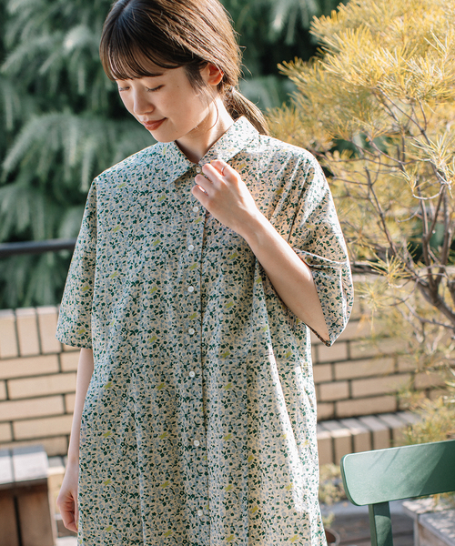   ★ 純綿素材 花柄 半袖 シャツワンピース iya-00089.jpg