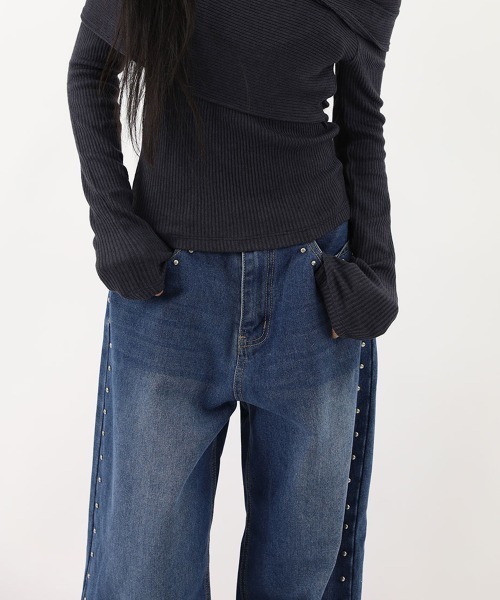 by muni:r(バイ ムニール)の「ワイドサイドスタッズパンツ(デニムパンツ・レディース・ブルー・SMALL/MEDIUM)」の11枚目の写真