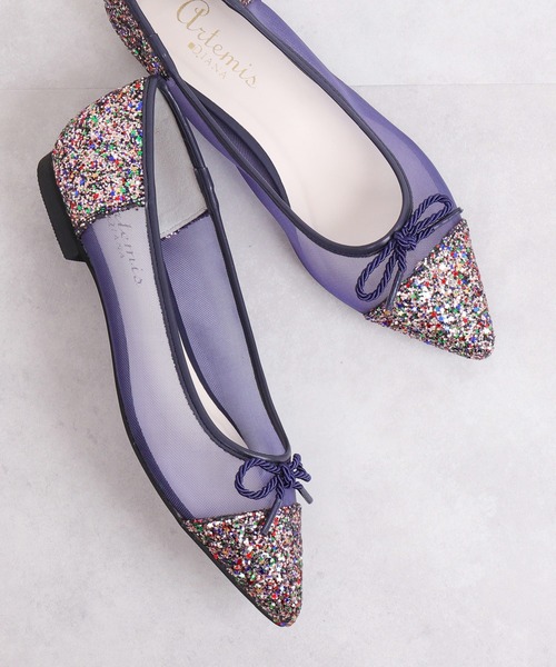 美品 DIANA ドット柄グリッター ポインテッドトゥ フラットパンプス DIANA ブラック ポインテッドトゥ パンプス レザー グリッター