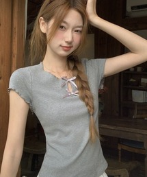 【Y2Kガーリー】リボン付きフリルTシャツ