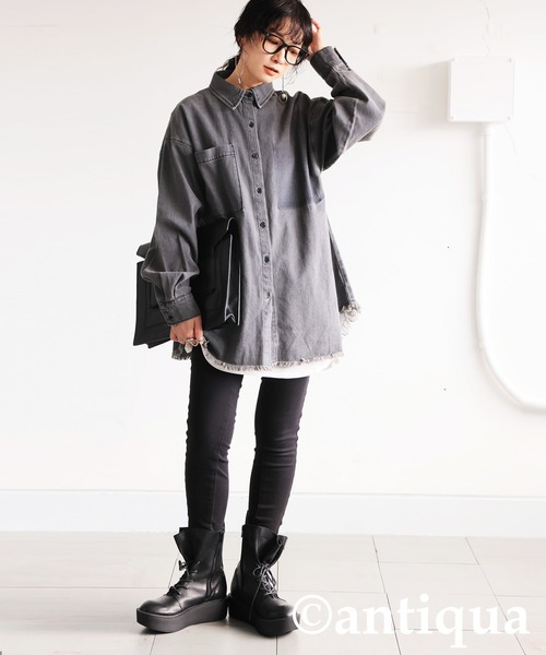 antiqua（アンティカ）の「ヴィンテージ加工デニムシャツ（シャツ/ブラウス・レディース・グレー/ブルー・ONESIZE）」の6枚目の写真