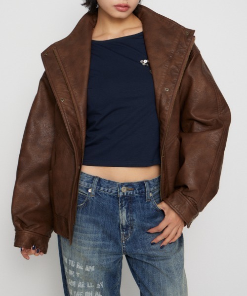 LAGUA GEM STAND NECK FAUX LEATHER ブルゾン STAND NECK FAUX LEATHER ブルゾン（ブルゾン）｜LAGUA GEM