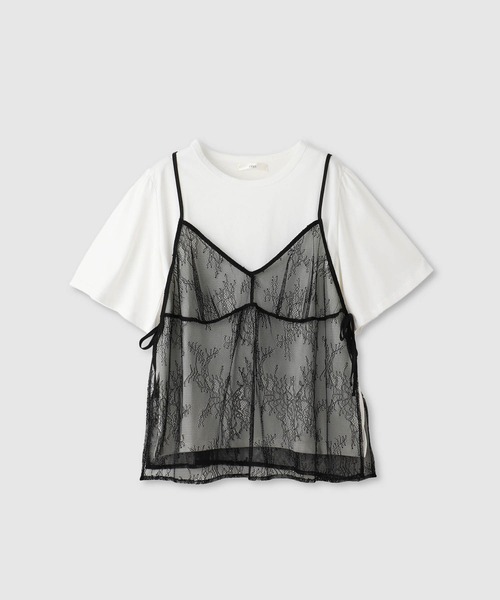 Mac-House(マックハウス)の「Idnes Tシャツ×レースキャミセット(アンサンブル・レディース・ブラック/オフホワイト・M)」の2枚目の写真