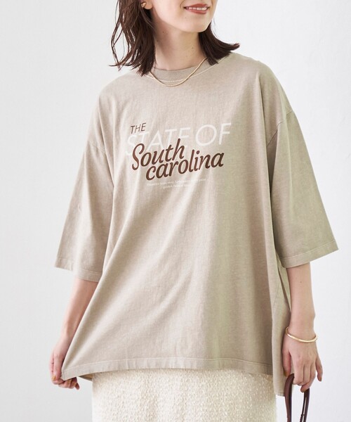 coen(コーエン)の「ピグメントドッキング布帛五分袖Tシャツ(Tシャツ/カットソー・レディース・オフホワイト/ベージュ/ダークグレー/ライトブルー・M/L)」の3枚目の写真