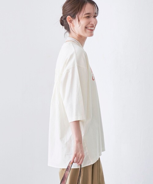 coen(コーエン)の「ピグメントドッキング布帛五分袖Tシャツ(Tシャツ/カットソー・レディース・オフホワイト/ベージュ/ダークグレー/ライトブルー・M/L)」の7枚目の写真