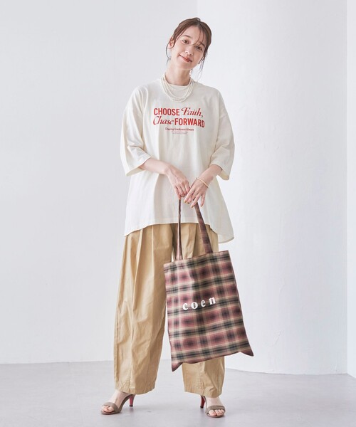 coen(コーエン)の「ピグメントドッキング布帛五分袖Tシャツ(Tシャツ/カットソー・レディース・オフホワイト/ベージュ/ダークグレー/ライトブルー・M/L)」の9枚目の写真