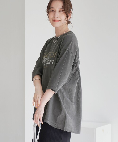 coen(コーエン)の「ピグメントドッキング布帛五分袖Tシャツ(Tシャツ/カットソー・レディース・オフホワイト/ベージュ/ダークグレー/ライトブルー・M/L)」の12枚目の写真