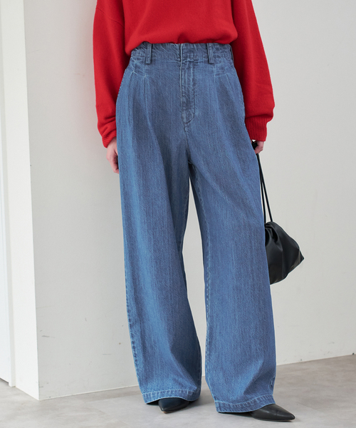 スローブイエナ LEDENIM TUCK TROUSER デニムパンツ 38 4サイズ展開》LEDENIM BLUR TUCK TROUSERデニム（デニムパンツ