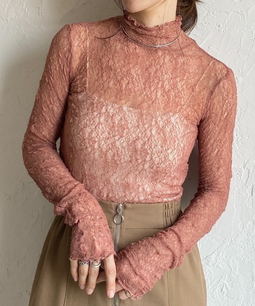 She's Closet(シーズクローゼット)の「長袖ハイネック透かし編みストレッチレースシアートップス(Tシャツ/カットソー・レディース・スモークピンク/ブラウン系その他/ブラック/ホワイト・FREE)」の4枚目の写真