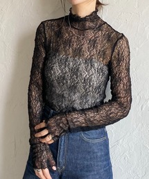 She's Closet（シーズクローゼット）の「長袖ハイネック透かし編みストレッチレースシアートップス（Tシャツ/カットソー・レディース）」