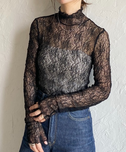 セール】長袖ハイネック透かし編みストレッチレースシアートップス（T