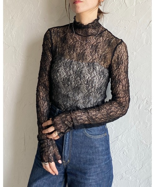 セール】長袖ハイネック透かし編みストレッチレースシアートップス（T