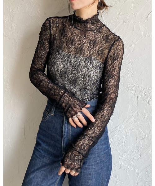 She's Closet(シーズクローゼット)の「長袖ハイネック透かし編みストレッチレースシアートップス(Tシャツ/カットソー・レディース・スモークピンク/ブラウン系その他/ブラック/ホワイト・FREE)」の9枚目の写真