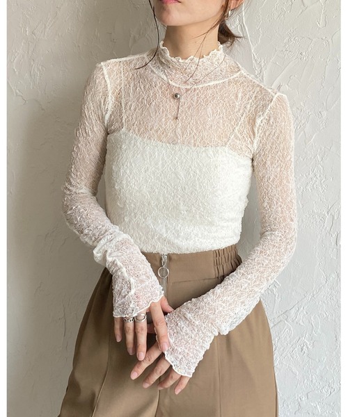 セール】長袖ハイネック透かし編みストレッチレースシアートップス（T