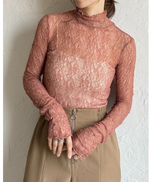 She's Closet(シーズクローゼット)の「長袖ハイネック透かし編みストレッチレースシアートップス(Tシャツ/カットソー・レディース・スモークピンク/ブラウン系その他/ブラック/ホワイト・FREE)」の12枚目の写真