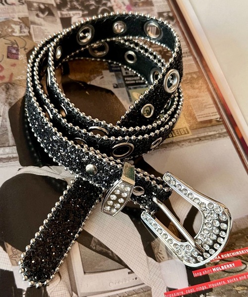 セール】【OKUOKU 0909】グリッタースタッズストーンバックル ベルト