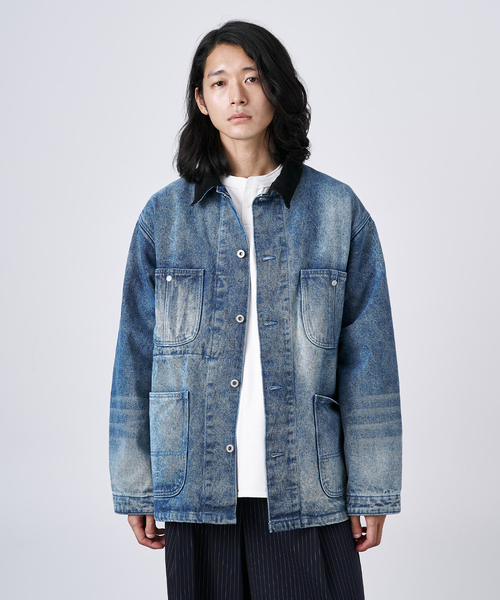 B.C STOCK(ベーセーストック)の「14oz フェード加工デニムカバーオール(カバーオール・メンズ・ブラック/ネイビー・MEDIUM/LARGE)」の1枚目の写真