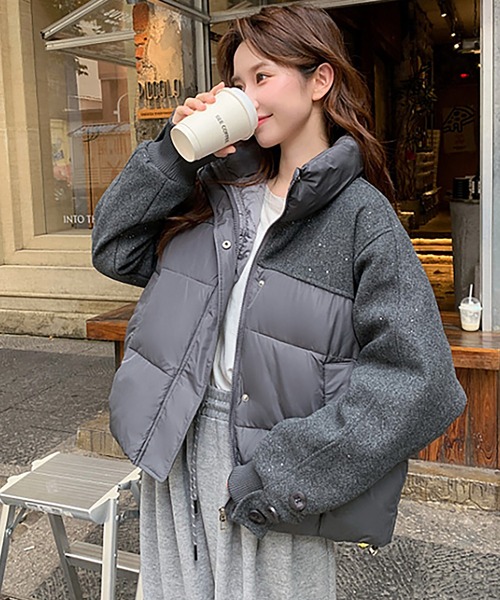 セール】スタンドカラー異素材切り替え中綿ジャケット（ダウン