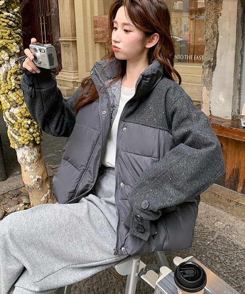 セール】スタンドカラー異素材切り替え中綿ジャケット（ダウン
