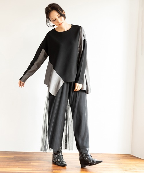 OSMOSIS（オズモーシス）の「アシンメトリー切替フレアープルオーバー（Tシャツ/カットソー・レディース・アイボリー/ブラック/グレー/ブルー・ONE SIZE）」の6枚目の写真