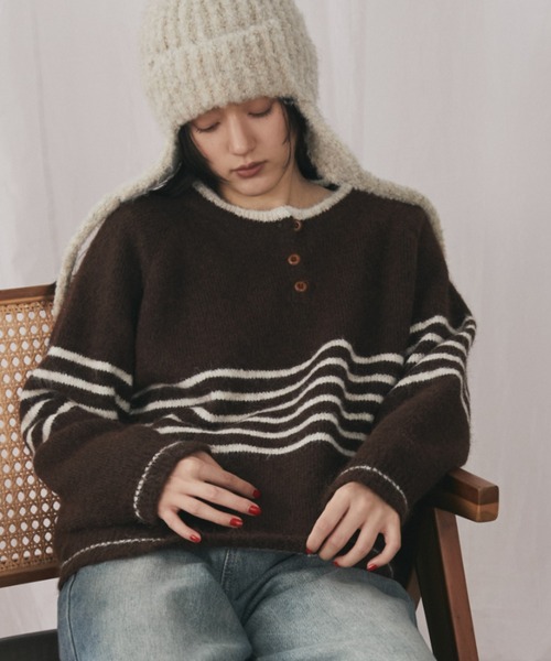 バイカラーボーダーヘンリーネックニット（ニット/セーター）｜MERLOT