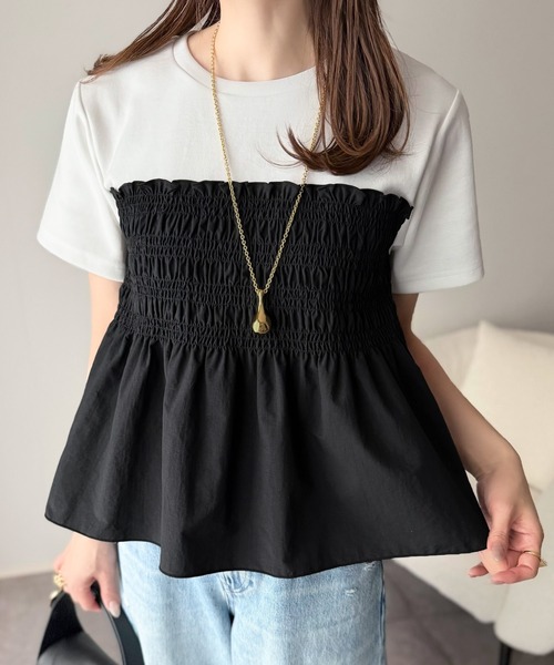 classicalelf(クラシカルエルフ)の「華やぎシャーリングで目を奪う。シャーリングドッキング半袖プルオーバー(Tシャツ/カットソー・レディース・ホワイト×ブラック/ホワイト×ブラウン/チャコールグレー×ブラック・X-LARGE/SMALL/MEDIUM/LARGE)」の10枚目の写真