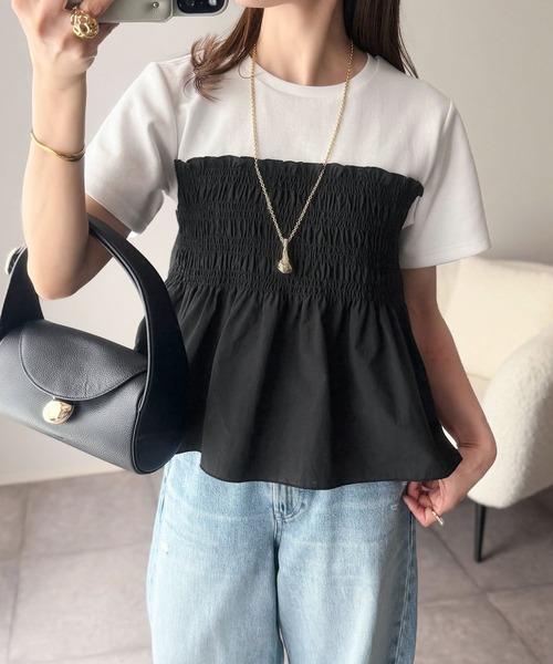 classicalelf(クラシカルエルフ)の「華やぎシャーリングで目を奪う。シャーリングドッキング半袖プルオーバー(Tシャツ/カットソー・レディース・ホワイト×ブラック/ホワイト×ブラウン/チャコールグレー×ブラック・X-LARGE/SMALL/MEDIUM/LARGE)」の7枚目の写真