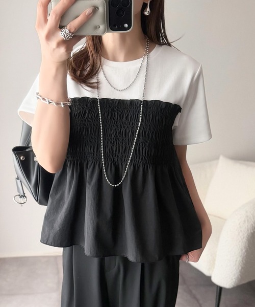 classicalelf(クラシカルエルフ)の「華やぎシャーリングで目を奪う。シャーリングドッキング半袖プルオーバー(Tシャツ/カットソー・レディース・ホワイト×ブラック/ホワイト×ブラウン/チャコールグレー×ブラック・X-LARGE/SMALL/MEDIUM/LARGE)」の5枚目の写真